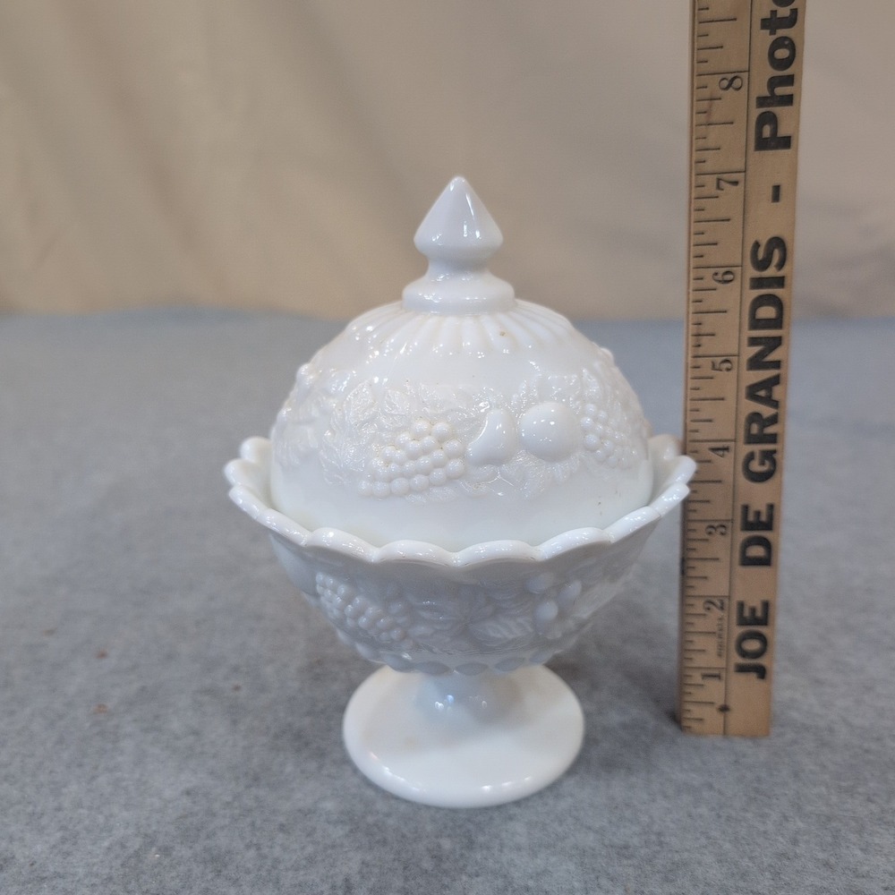 Vintage White Milk Glass Harvest Fruit Embossed Pedestal Candy Dish with Lid - Picture 7 of 8